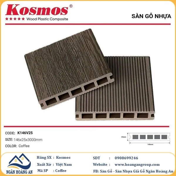Sàn Gỗ Nhựa Kosmos 5 Lỗ Vuông Vân Tự Nhiên 3D K146V25